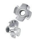 M8 Zinc-Plated Four-Pronged T-Nuts for Woodworking and Furniture Assembly, close-up view showing the prongs and threaded center.