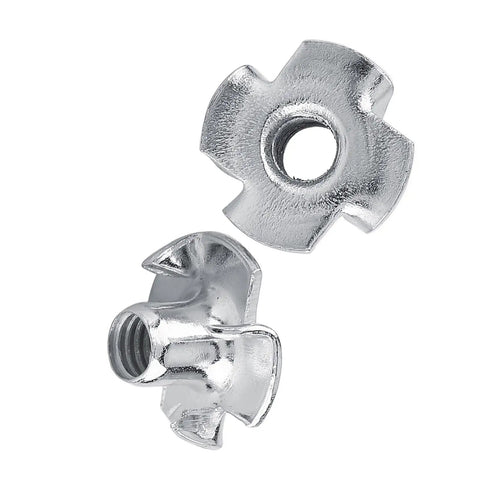 M8 Zinc-Plated Four-Pronged T-Nuts for Woodworking and Furniture Assembly, close-up view showing the prongs and threaded center.