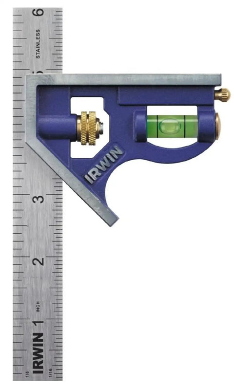 Metal Body 6 Inch Combination Square With Precision Etched Scales For Accurate 90 and 45 Degree Readings, Built Tough Cast Zinc Frame And Stainless Steel Blade, Perfect For Carpenters, Woodworking, Metalworking, And DIY Projects, showing side view with visible bubble level and etched measurements.