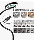 Helping Hands Soldering Station with 3X LED Magnifying Lamp showing USB connection and dimmable color settings, 10 brightness levels.