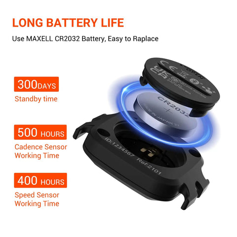 Dual Bike Cadence And Speed Sensor Kit, visible long battery life information, CR2032 battery, black sensor components