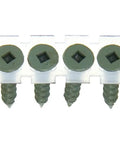 Row of DuraSpin Cement Board Collated Screws Beefy Eight Size 1-1/4 Inch Square Head, for fastening Hardie Board to wood