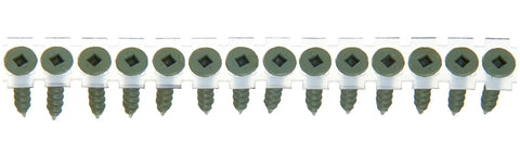 Row of DuraSpin Cement Board Collated Screws Beefy Eight Size 1-1/4 Inch Square Head, for fastening Hardie Board to wood