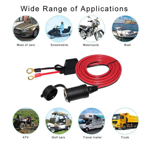 13 Foot 12V Female Cigarette Lighter Socket Extension Cord With Battery Eyelet Ring Terminal 8.3mm Hole 0.32 Inch 16AWG SPT 2 Cable