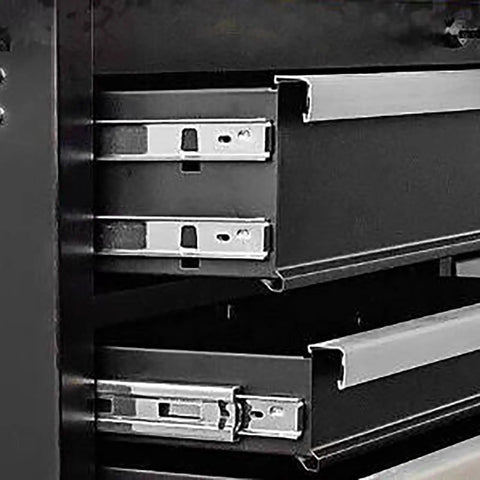Built Like A Tank Steel Tool Cabinet With Multiple Lockable Drawers showing sturdy pull-out drawer slides for efficient storage.