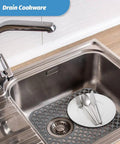 Heat Resistant Silicone Sink Mats for Kitchen, Two Pack 13.8 by 11.4 Inches, raised feet design with plate and utensils on mat