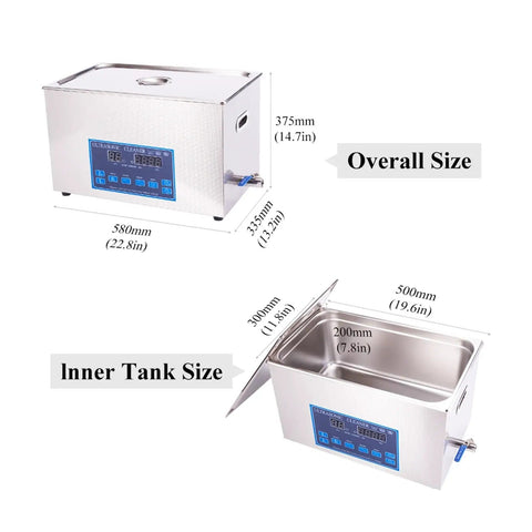Degassing Ultrasonic Cleaner For Jewelry, PCBs, Engines, And Metal Lab Work, overall and inner dimensions shown