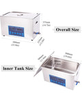 Premium Digital Degassing Ultrasonic Cleaner Tank With Smart Circuit And Heavy Duty Vacuum Mode dimensions, overall and inner tank sizes.