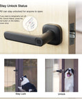 Slick Smart Door Lock With Fingerprint And NFC App Control And Bluetooth Keyless Entry, shown in unlocked status on a door.