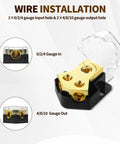Two Way Power Distribution Block for Car Audio Dual 12V Distribution Block With Input 0 2 4 Gauge And Output 4 8 10 Gauge Grounded Amplifier Distributor With Transparent Cover 2 Pack, gold block with clear cover