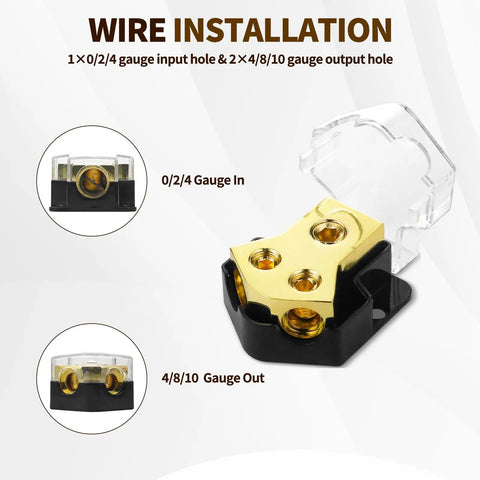 Two Way Power Distribution Block for Car Audio Dual 12V Distribution Block With Input 0 2 4 Gauge And Output 4 8 10 Gauge Grounded Amplifier Distributor With Transparent Cover 2 Pack, gold block with clear cover
