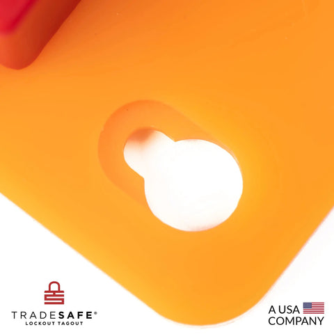 Close-up of Wall Mount Lockout Tagout Board With 10 Impact Resistant Acrylic Holders from Tradesafe, showing mounting hole.