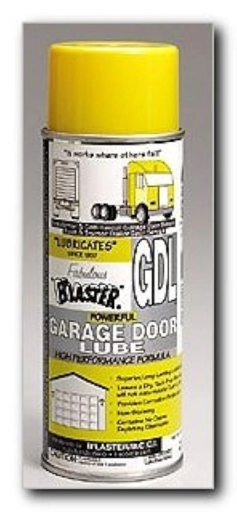 Garage door lubricant spray can, front view, 9.3 oz, yellow cap, Blaster Chemical Co.