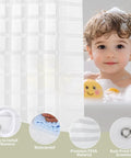 Waterproof PEVA Shower Curtain Liner 70 By 72 Inch With Light Filtering Clear Stripes Design Eco Friendly PVC Free Semi Transparent Bathroom Decor With Durable Hooks displayed next to a child in a bathtub, showing features and materials.