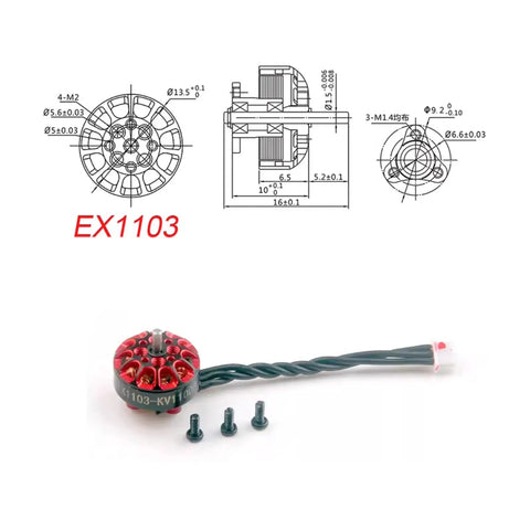 EX1103 11000KV Brushless Drone Motor For Mobula 8 Micro FPV Drone showing side view, 1.5mm shaft, Unibell design