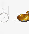 USZWBY Bathroom Vessel Sink,Tempered Glass Yellow Art Basin Round Bowl, 16.5" Bathroom Sinks with Waterfall Faucet and Pop Up Drain,Countertop Installation dimensions and design overview.