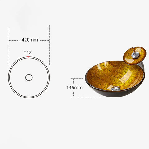 USZWBY Bathroom Vessel Sink,Tempered Glass Yellow Art Basin Round Bowl, 16.5" Bathroom Sinks with Waterfall Faucet and Pop Up Drain,Countertop Installation dimensions and design overview.