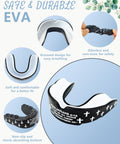 Faith Cross Mouth Guard Set With Case, black and white mouth guard with Bible verse, side view in display with features highlighted.