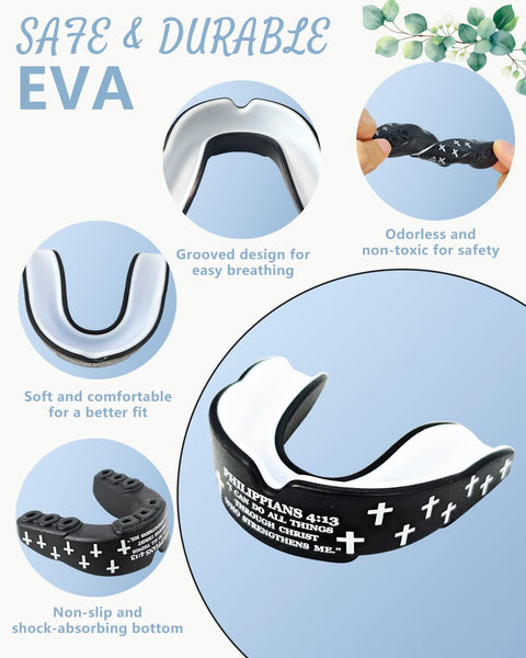Faith Cross Mouth Guard Set With Case, black and white mouth guard with Bible verse, side view in display with features highlighted.
