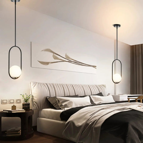 Two Pack Modern Globe Pendant Lights Matte Black Mid Century Chandelier With White Glass Globe Lampshades 1 Light Each Bedroom