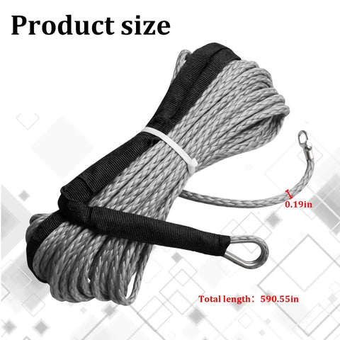 Heavy Duty Synthetic Winch Rope One Fifth Inch By Fifty Foot With Thimble High Tensile Nylon Recovery Strap For Off Road Trucks Atv Utv displayed with a measurement of 590.55in.