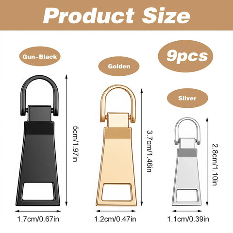 Nine Piece Zipper Pull Replacement Kit Includes Metal Zipper Tabs For Luggage Backpacks Jackets Sewing Notions And Supplies Small Medium Large Three Colors Durable Zinc Alloy Easy Quick Fixes product sizes in gun-black, golden, and silver.