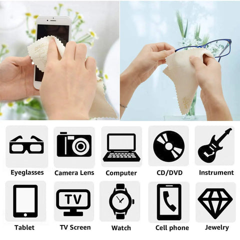 VIPbuy 4-pack natural chamois cleaning cloths (6x6 in) for glasses and screens; shown cleaning a phone and eyeglasses.