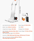 VEVOR Electric Stair Climbing Dolly 440 Lb Capacity Heavy Duty Hand Truck With 157.5 Inch Rope Folding Handle For Warehouse Logistics Moving Furniture Silver with dimensions and battery specs.