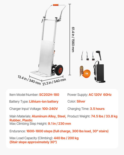 VEVOR Electric Stair Climbing Dolly 440 Lb Capacity Heavy Duty Hand Truck With 157.5 Inch Rope Folding Handle For Warehouse Logistics Moving Furniture Silver with dimensions and battery specs.