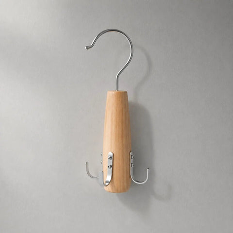 Heavy Duty Solid Wood Storage Hanger With Multiple Hooks Awesome Closet Accessory Organizer Built Tough For Bedrooms And Hotels Grab This Sweet Cabinet Rack To Sort Your Stuff Like A Pro No Mess Allowed, showing a wooden hanger with silver hooks.