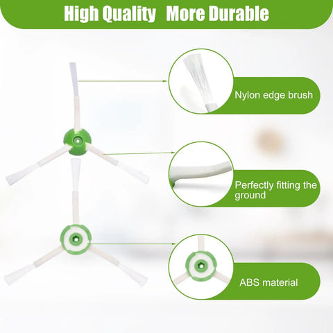 Replacement Side Brush For iRobot Roomba I Series And J Series And E Series Including I7 I7 Plus I8 I3 I6 Plus E5 E6 E7 5150 6198 7150 7550 Vacuum Cleaners Six Pack showing nylon brush and ABS material