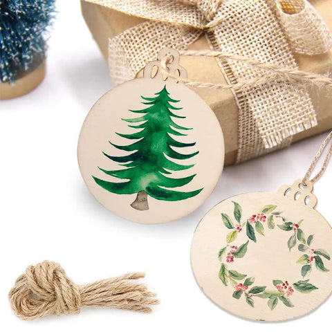 Thirty Pack Fresh Three Inch Round Blank Wood Circles With Natural Twine Hangers Premium Birch Plywood Crafting Pendants with painted tree and wreath.