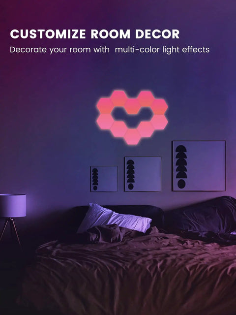 Hexagon RGB LED Light Panels Kit With App Control Smart Wall Mounted DIY Geometric Modular Lights For Home Decor glowing on wall