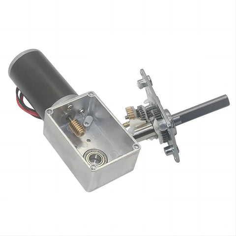 Heavy Duty DC Worm Gear Motor With Kickass 70Kg Cm Torque And Built Tough Metal Gears For Solid 12V Or 24V Power featuring a close-up view of the motor components.