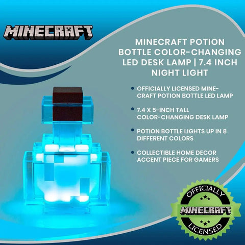 Potion Bottle Color Changing LED Desk Lamp With Pixelated Design glowing in blue, 7 inch night light for gamers, battery powered.
