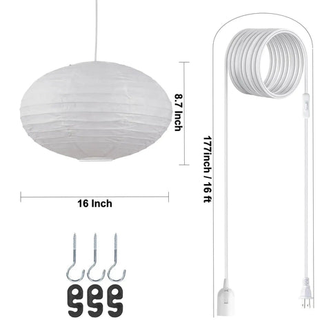 FEHEED 16 Inch Oval Plug in Hanging Paper Lantern Lights with Cord, white paper lantern with cord and hooks, size 16x8.7 inches.