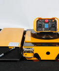Heavy Duty Battery Powered Machinery Transport Dolly With Wireless Remote Control, yellow cart with control panel and battery.