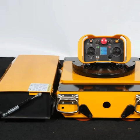 Heavy Duty Battery Powered Machinery Transport Dolly With Wireless Remote Control, yellow cart with control panel and battery.