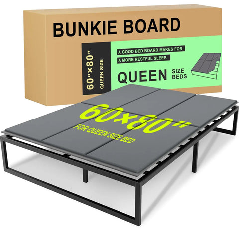 Heavy Duty Queen Bunkie Board With No Sweat Tool Free Setup, Silent Noise Blocking Mattress Foundation, Foldable 60x80 Support Frame, Anti Sag Base For Chill Nights And Solid Bed Upgrade displayed with packaging.