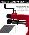 22 Gauge Sheet Metal Rotary Bead Roller With 7 Inch Throat Manual Beading Tool Includes 6 Die Sets For Burring Edging And Elbowing Pro Grade Industrial Steel Bead Forming Machine For Metal Fabrication demonstration showing pressure adjustment with hand crank.
