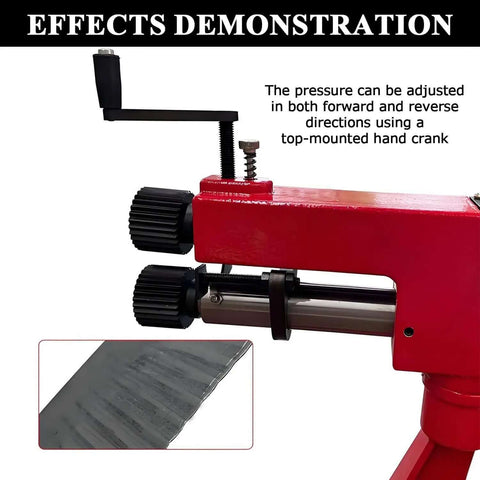 22 Gauge Sheet Metal Rotary Bead Roller With 7 Inch Throat Manual Beading Tool Includes 6 Die Sets For Burring Edging And Elbowing Pro Grade Industrial Steel Bead Forming Machine For Metal Fabrication demonstration showing pressure adjustment with hand crank.