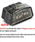 OBD2 Bluetooth Code Reader And Scanner For iOS And Android Pro with car adapter interface and warning note.