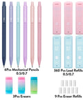 Pastel Mechanical Pencil Set With Six Pencils 0.5 And 0.7 Millimeter Lead Plus 360 HB Lead Refills Erasers And Eraser Refills Aesthetic School Supplies For Girls Writing Everyday