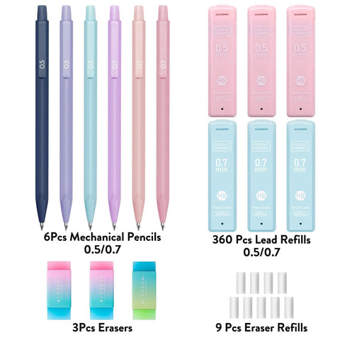 Pastel Mechanical Pencil Set With Six Pencils 0.5 And 0.7 Millimeter Lead Plus 360 HB Lead Refills Erasers And Eraser Refills Aesthetic School Supplies For Girls Writing Everyday
