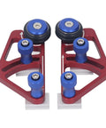 Rugged Woodworking Bearing Feeder Set with Sliding Blocks Table Saw Feed Guide Roller Featherboard with dual blue knobs and red brackets.