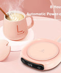 Desk Coffee Warmer With Auto Shut Off And Three Heat Modes Keeps Your Daily Brew Cozy Till The Last Sip LED touchpad display with pink heating pad.