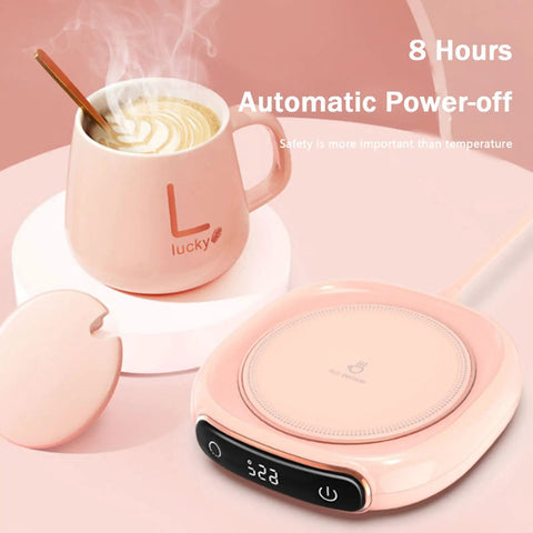 Desk Coffee Warmer With Auto Shut Off And Three Heat Modes Keeps Your Daily Brew Cozy Till The Last Sip LED touchpad display with pink heating pad.