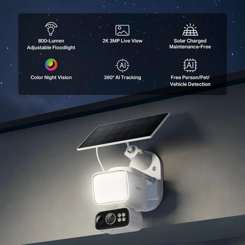 2K Outdoor Pan Tilt Floodlight Security Camera Battery Powered With Solar, 360 Degree AI Motion Tracking, installed on wall