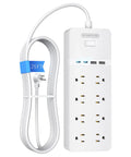 25 Ft Heavy Duty Extension Cord With Flat Plug And 8 Outlet Surge Protector USB Ports 1080 Joules 15A Circuit Breaker Wall Mountable Garage Friendly Power Strip For Home Office Workshop Or Garage ETL Listed White
