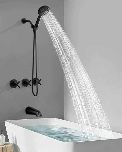 Slick Three Handle Tub Shower Faucet Set With Six Mode Handheld Sprayer And Matte Black Finish Straight Up Reliable Bathroom Renovation Kit With Built In Valve Included Top Tier Plumbing Upgrade